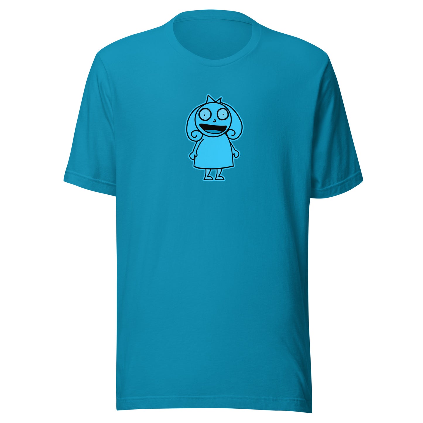 Charlotte on an aqua shirt