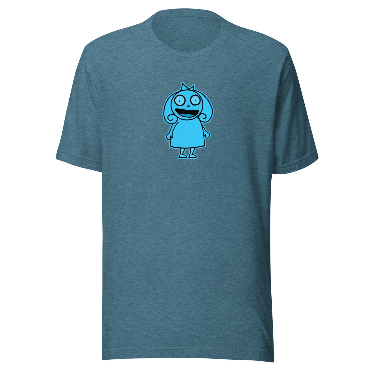 Charlotte on a deep teal heather shirt